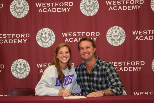 Hackley committing to Amherst College with her dad.