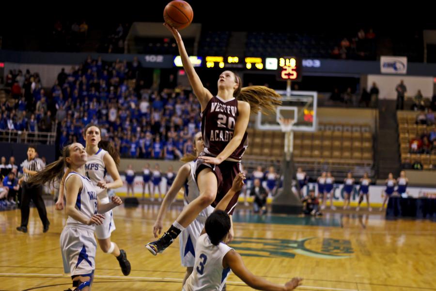 Hannah Hackley goes for the layup. Photograph by Jocelyn Cote.