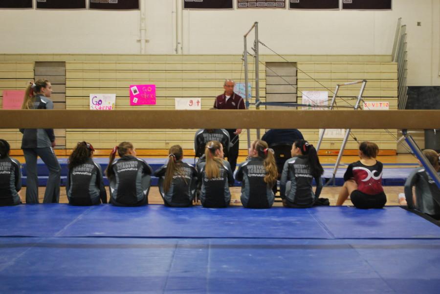 The gymnasts watch their fellow team members compete.