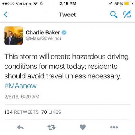 Baker's tweet regarding the snow.