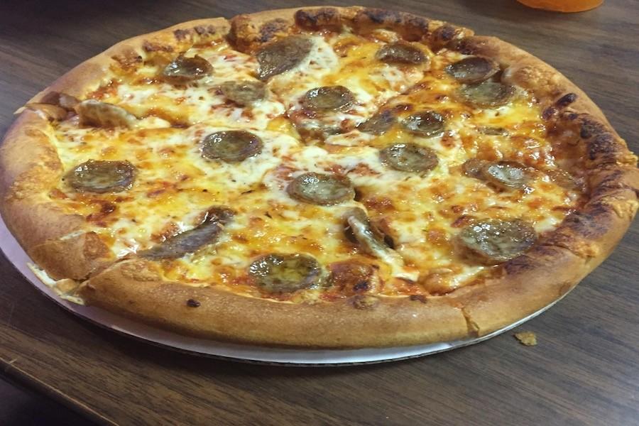 A small sausage pizza.