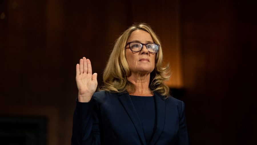 Christine Blasey Ford swearing an oath at the Senate Judiciary hearing on her sexual assault allegations