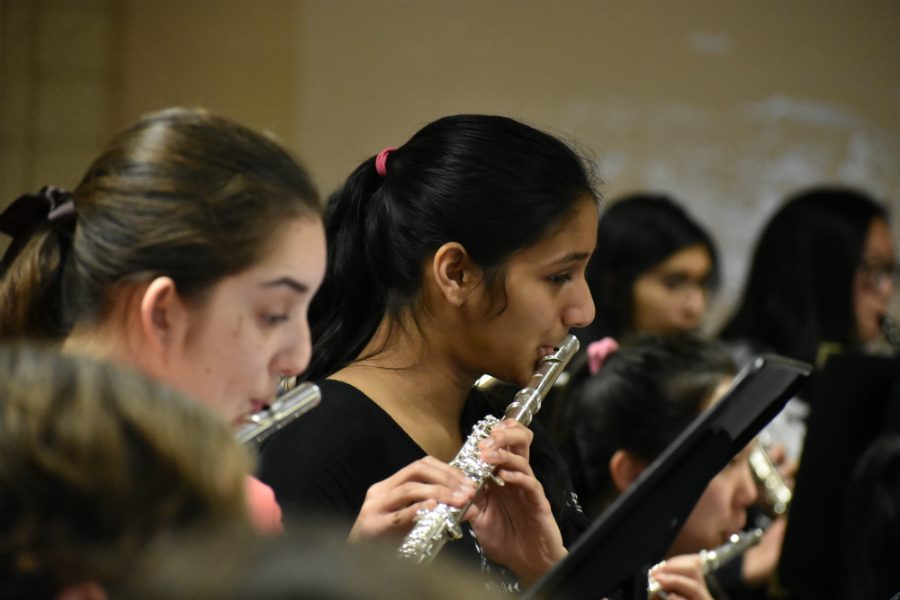 Juniors Alexa Klamka and Shreya Bose play the flute during Gabriels Oboe. 