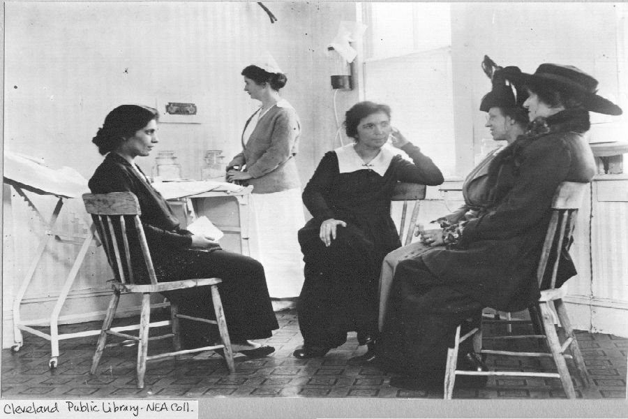 Sanger with her sister Ethel inside their clinic on Amboy Street in Brooklyn, New York