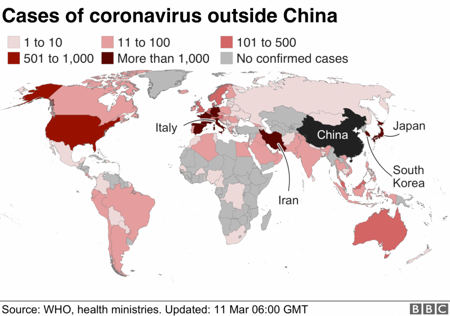 Map of what countries have more cases of the Coronavirus currently in the world.
