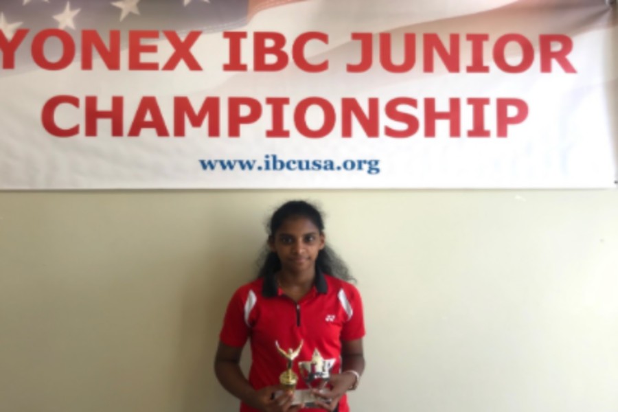 Shobha Raguraman poses for a picture after the 2018 IBC Junior Championships, and placing 1st in mixed and 2nd in doubles. 