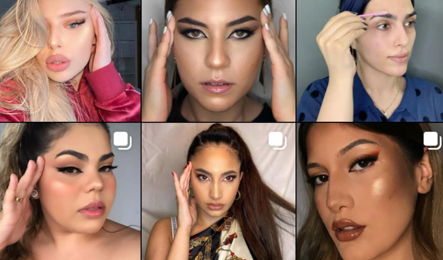 Collage of some top posts from this summer's fox-eye trend showing girls pulling  back their eyes in an 