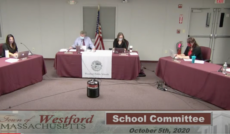 The Westford School Committee meeting in session. Pictured, are Assistant Superintendent Kerry Clery, Superintendent Bill Olsen, and school committee members Gloria Miller and Alicia Mallon.