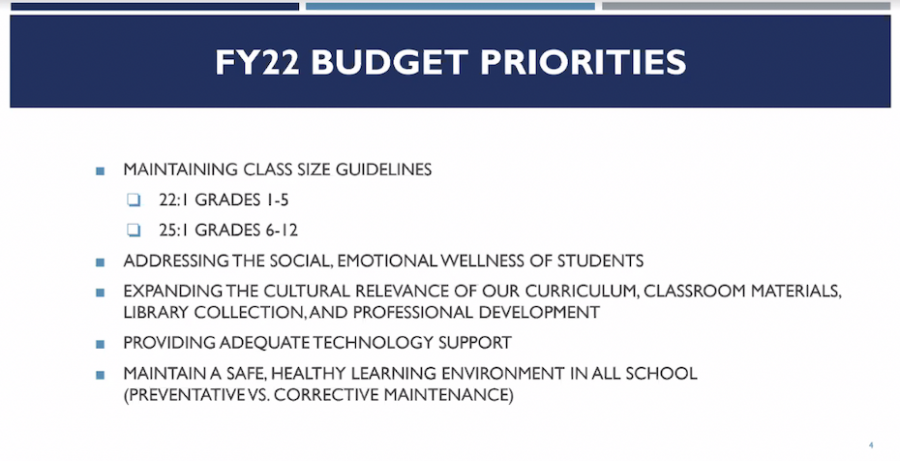 FY 22 budget priorities slide presented by Superintendent Bill Olsen at the meeting. 