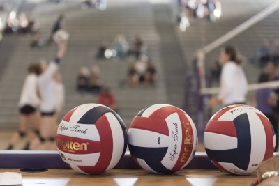 Volleyballs lined up along the sidelines