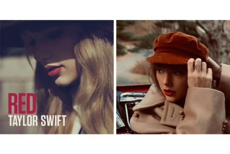 Left: Album cover of Red, 2012; Right: Album cover of Red (Taylors Version), 2021