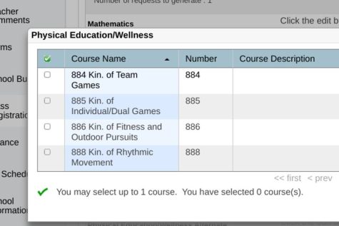 The screen in PowerSchool where Physical Education classes can be selected.