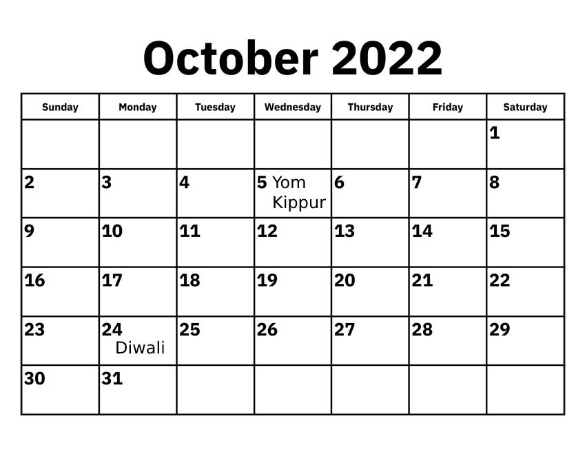 Yom Kippur: October 5th
Diwali: October 24th