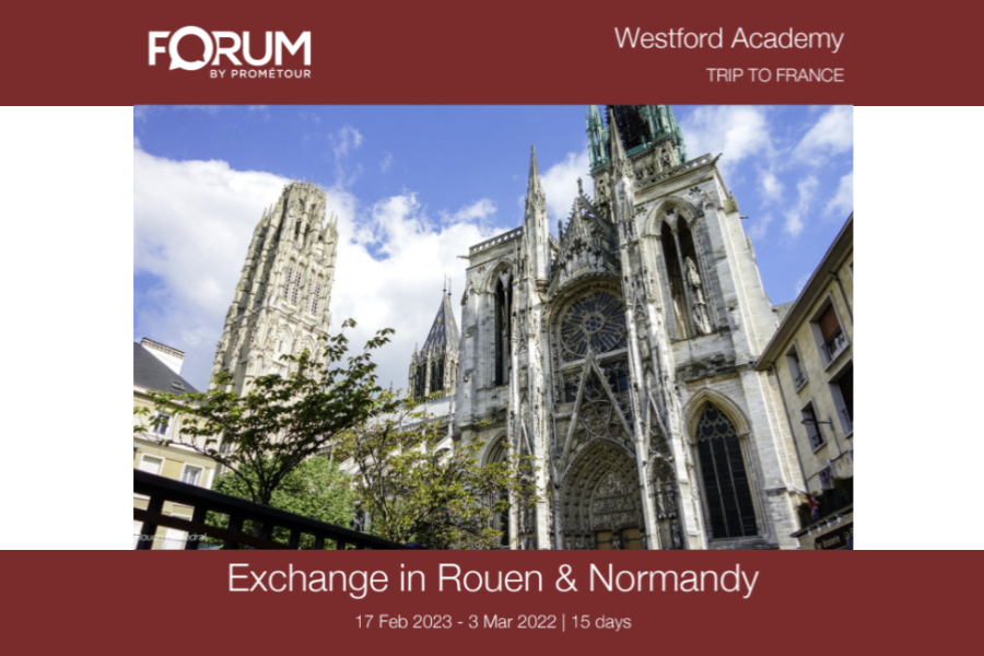 The front cover of the itinerary that Westford Academy students will be using during their time in France.