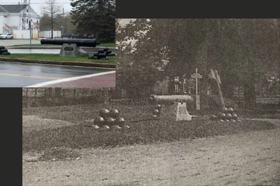 The larger photograph of the cannon on the common was originally taken on July 4, 1899. It is from the collection of Bill Macmillan. The smaller photograph in the upper left is a modern image of the cannon.
