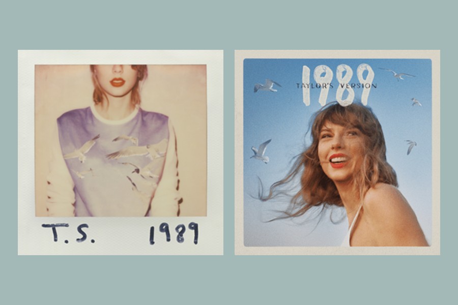 Left: the 2014 cover shows half of Swifts face obscured.
Right: the 2023 cover shows Swift free and smiling, exhibiting the contrast between the two versions of the album.

Images courtesy of Wikipedia.