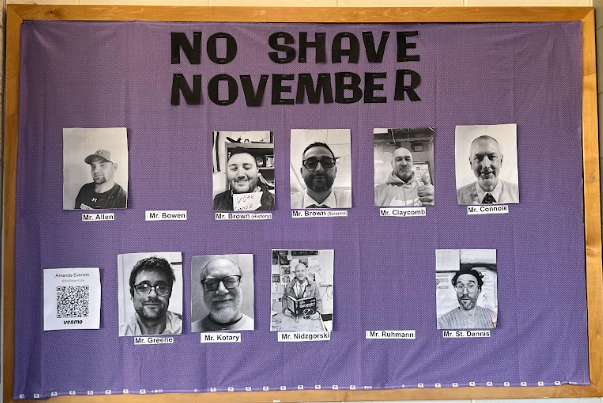 No Shave November participants are displayed on a bulletin board in the hallway. 