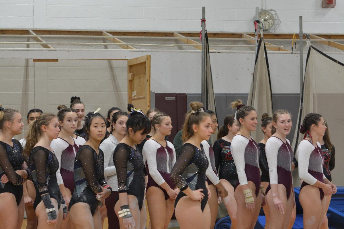 WA, AB, and CC gymnasts line up aside the bleachers with a mix of emotions entering their meet. 