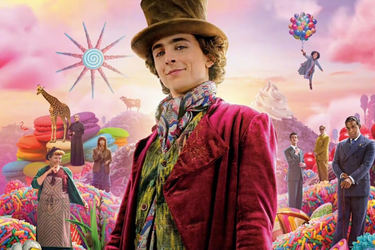 A section from a Wonka movie poster featuring Timothée Chalamet as Willy Wonka.