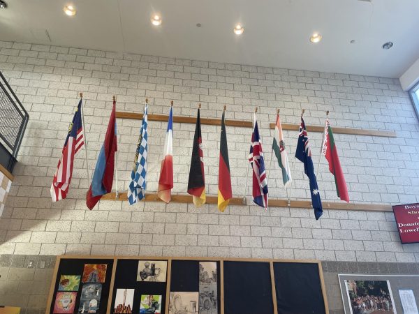 Many flags of different countries displayed in the flag lobby. 