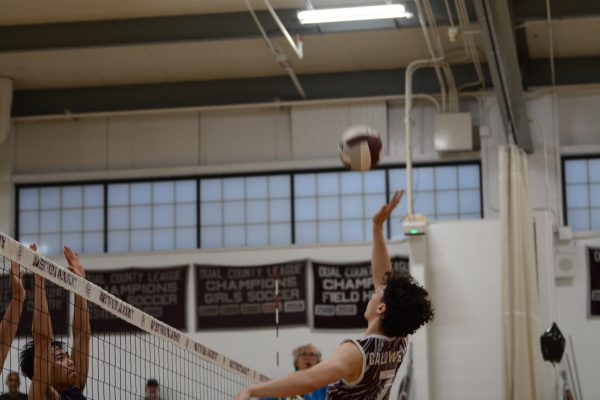 Junior Tristan Caldwell tips the ball over the net. 