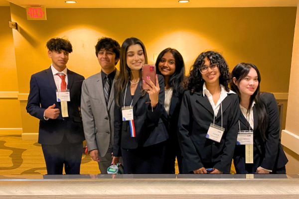 Juniors Somya Lunavat, Karthik Babu, and Heer Mehta, sophomore Joanna Finney, and juniors Padma Upadhyaya and Clara Fang (left to right) at the JSA Northeast Spring State competition in Rocky Hill, CT.