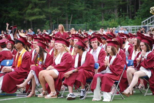 Seniors sit down to watch others receive their diplomas. 