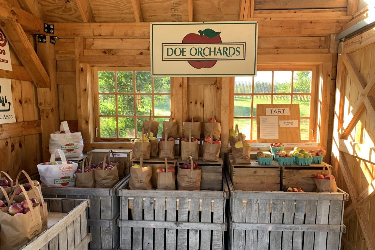 The wooden boards of the farm stand give the building a rustic feel.