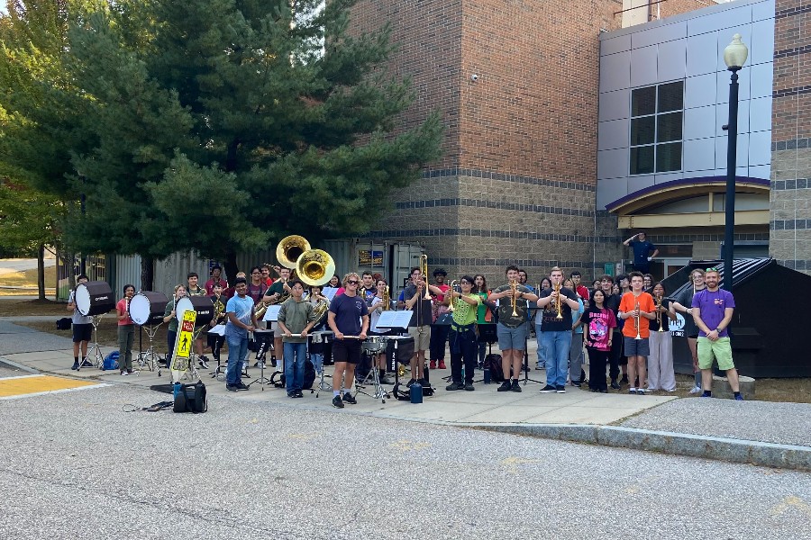 The WA Marching Band poses for a photo after rehearsing with their sections and as an ensemble on Friday, September 13.