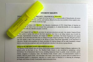 Sections of the student handbook highlighting Title IX protocol and students' rights. 