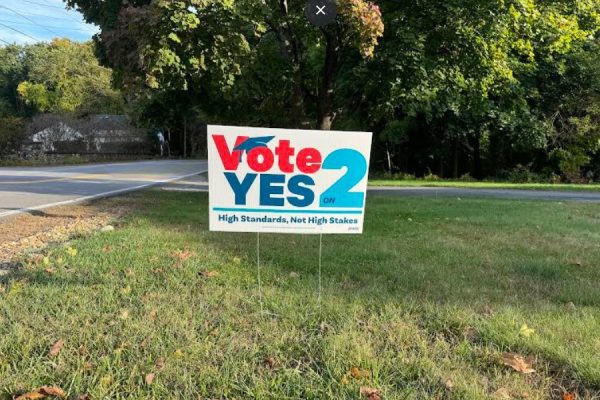 Campaign sign for Question Two in Westford residents' yard.