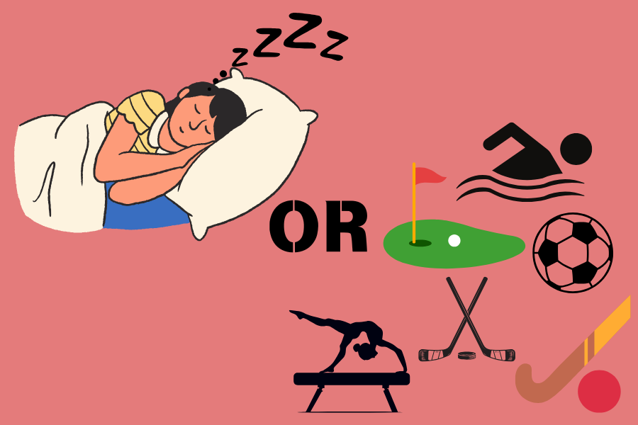 Graphic symbolizing the choice between starting school later which would allow students to sleep more, or the choice to keep the start times the same in which case sports teams would not be in jeopardy. 