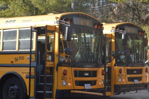 Busses ready to accept students for dismissal at the end of a Westford Academy school day. 