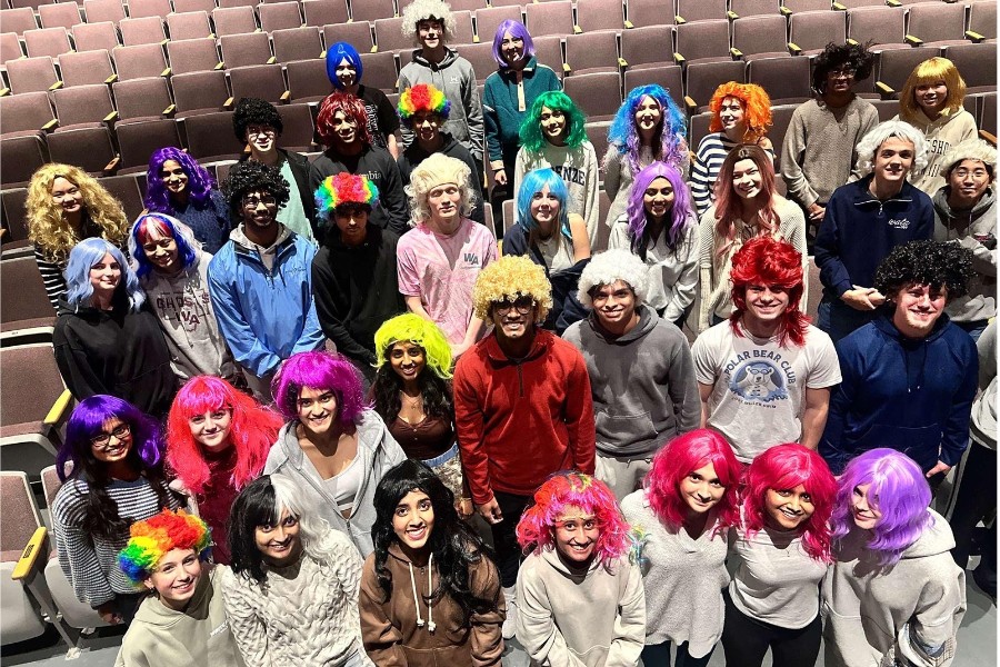 Members of NHS pose for a photo with their Wig Out wigs on. 