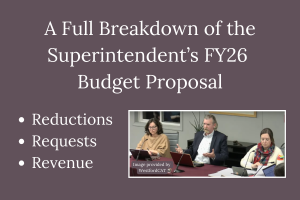 Superintendent Dr. Christopher Chew presented his proposal for the FY26 WPS budget which included his suggested reductions, requests, and sources of revenue. 
(Image provided by WestfordCAT)