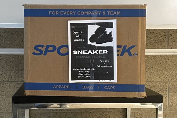 A sneaker collection bin in the Flag Lobby.