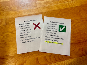 Two different potential schedules for freshmen: on the left, a schedule where PE and Health requirements are not combined, and on the right, a schedule that combines the classes and provides an opportunity for an extra elective.