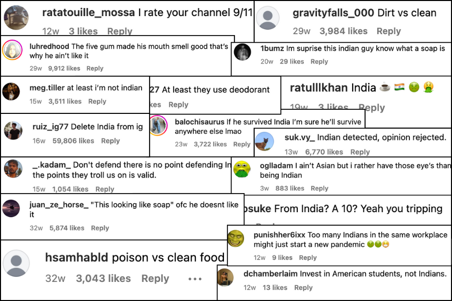 Instagram comments displaying reinforcements of negative stereotypes and hateful rhetoric towards South Asians. 