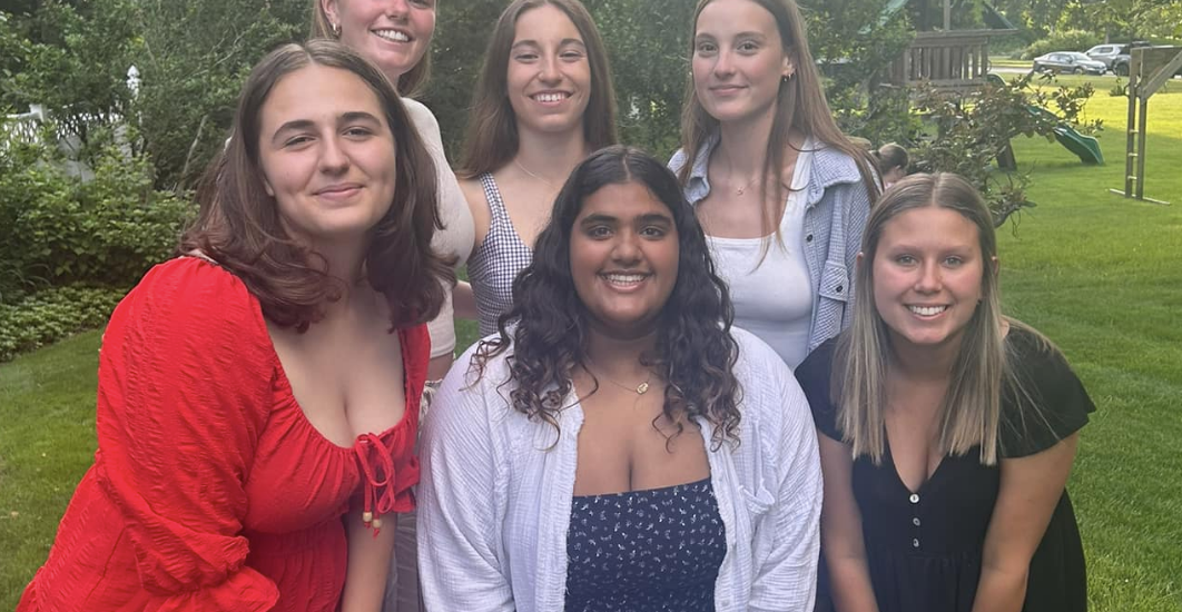 This season's captains pose with the previous captains. (From bottom left to bottom right) Anya Gesin, Sanvi Luthra, Mikayla Creighton