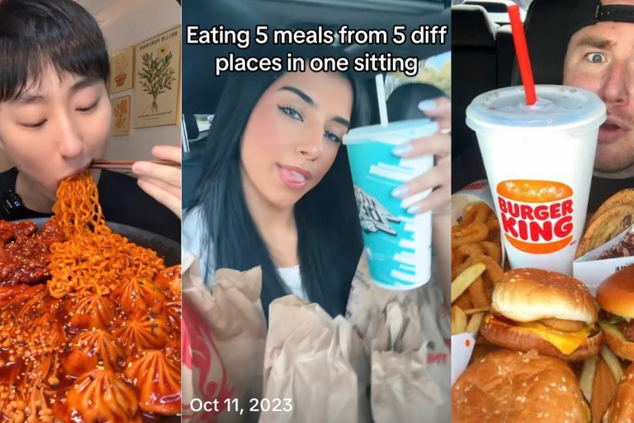 A compilation of three mukbang videos displaying the large quantity of food featured in videos. 