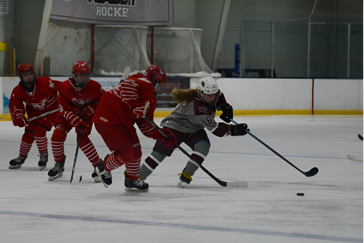 Sophomore Adriana Butland fights against a Waltham player to maintain control of the puck.