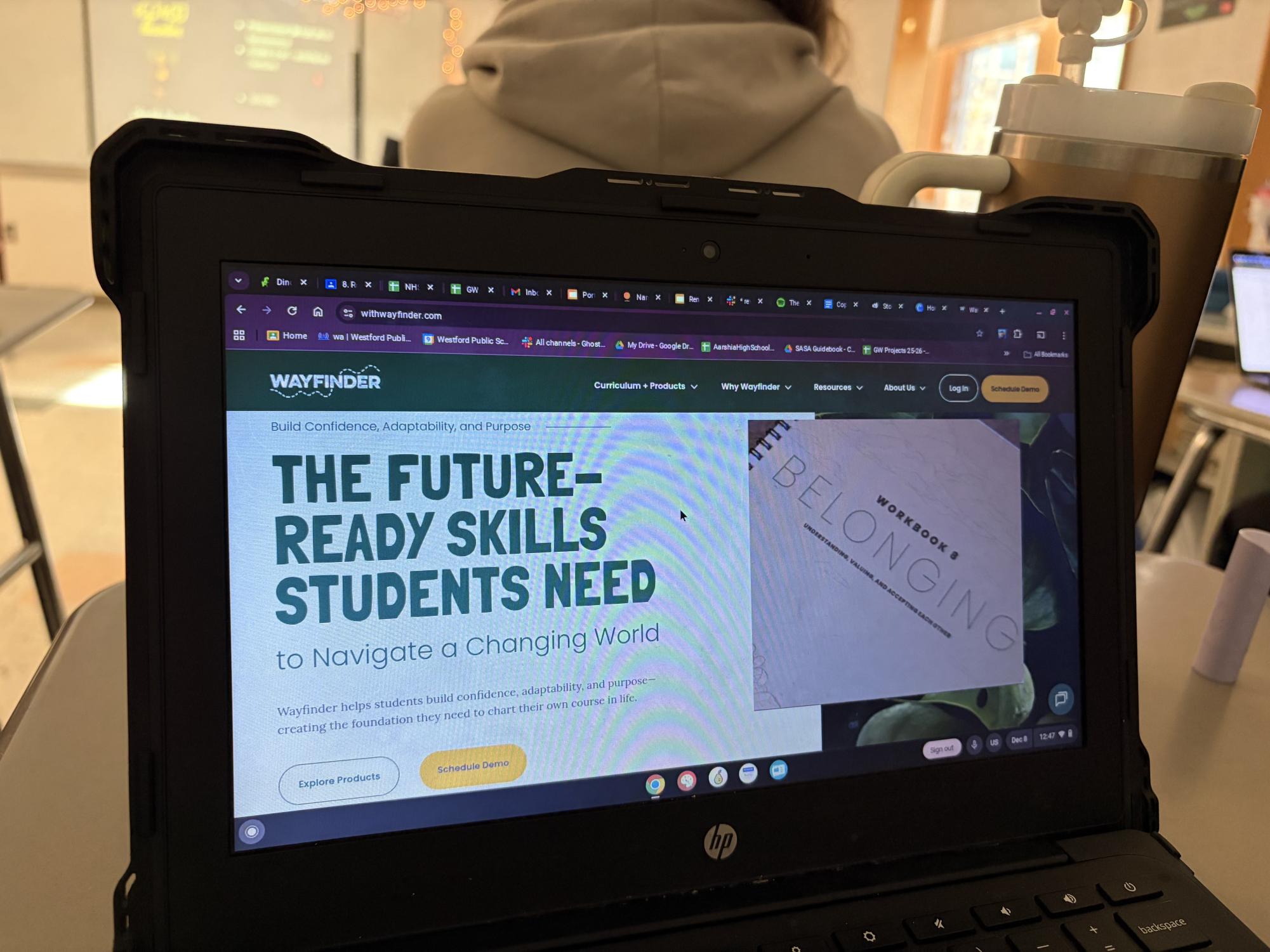 The homepage of Wayfinder, as seen through the Westford Academy school chromebooks. The website claims to help "students build confidence, adaptability, and purpose—creating the foundation they need to chart their own course in life."