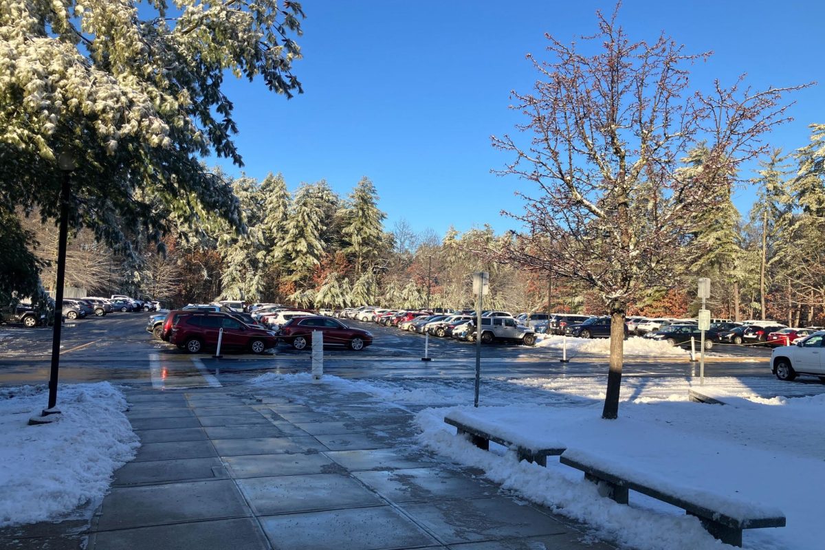 The senior parking lot blanketed in snow on the following Wednesday, Dec. 3 morning.