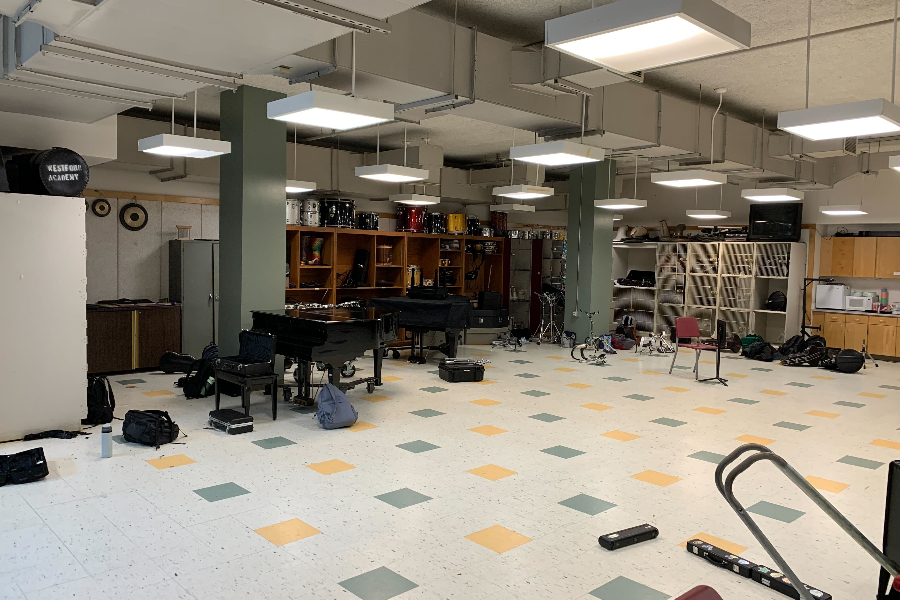 The Westford Academy band room lays empty, no longer filled with the music of Salsa Band.