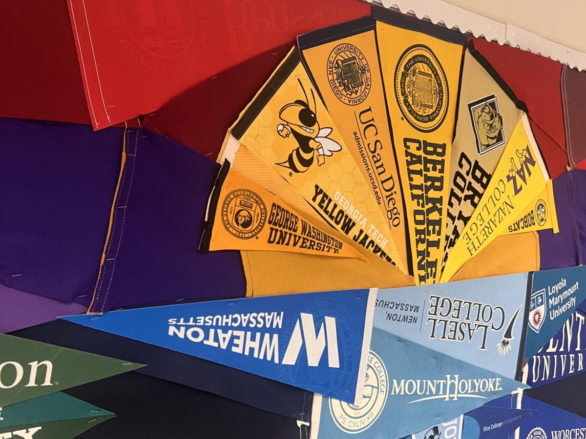 A college flag bulletin board in the WA guidance office.