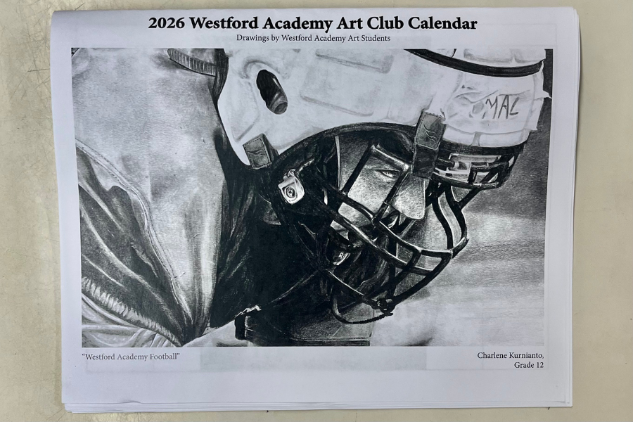 Charlene Kurnianto's drawing "Stare-down" appears on the front cover of the 2026 Art Club Calendar.