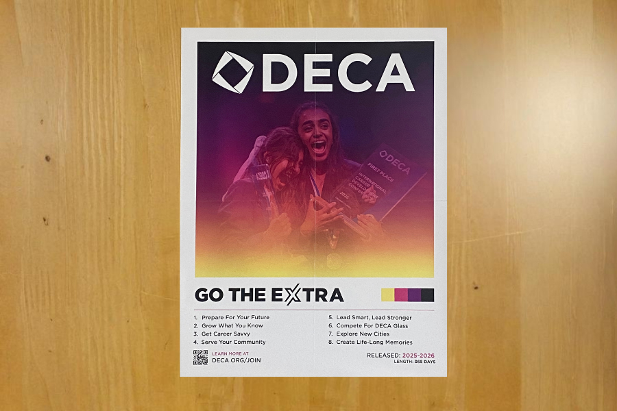 DECA poster hangs on the door of room 250.