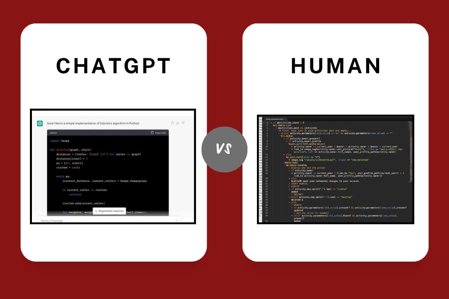 Depicts the usage of AI to form code compared to a human.